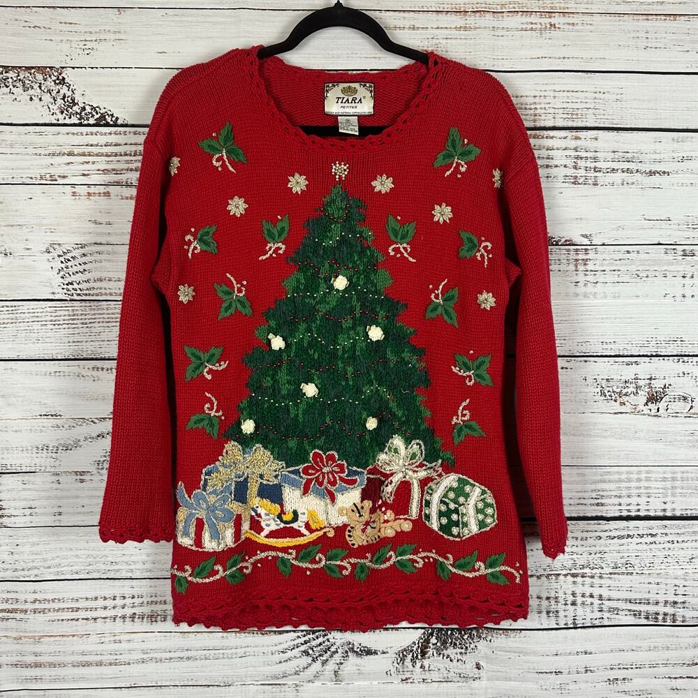 Womens TIARA Petites VTG 90s Red Embroidered Beaded Crochet Christmas Sweater M